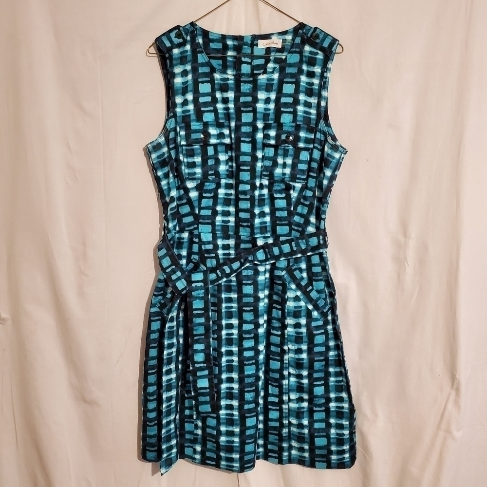 Calvin Klein Womens Aqua Blue Round Neck Sleeveless Fit & Flare Dress Size 12P